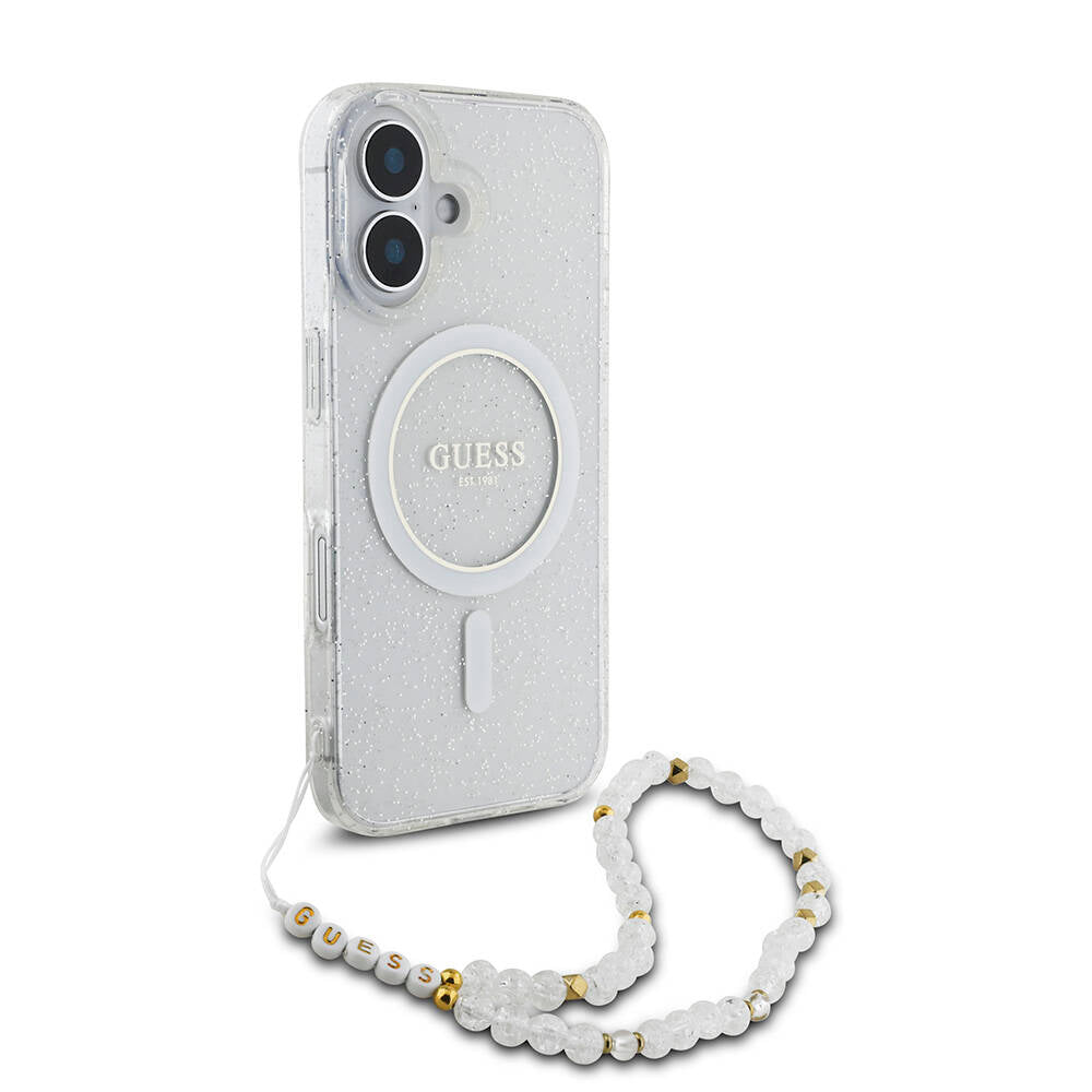 Apple iPhone 16 Plus Case Guess Original Licensed M-safe Charging Feature Glittery Silicone Pearl Bracelet Cover Pink