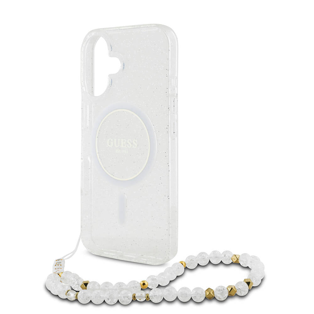Apple iPhone 16 Plus Case Guess Original Licensed M-safe Charging Feature Glittery Silicone Pearl Bracelet Cover Pink