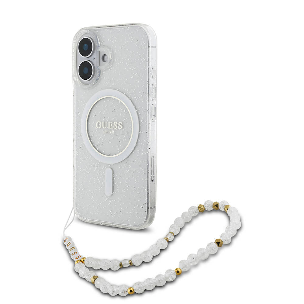 Apple iPhone 16 Plus Case Guess Original Licensed M-safe Charging Feature Glittery Silicone Pearl Bracelet Cover Pink