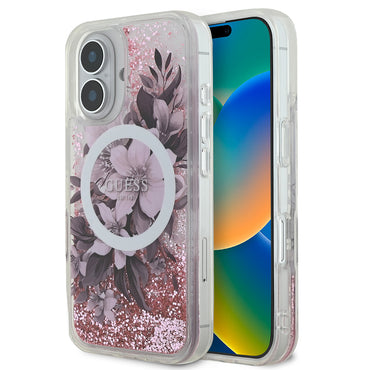 Apple iPhone 16 Plus Case Guess Original Licensed M-safe Charging Feature Liquid Glitter Flower Patterned Cover Pink