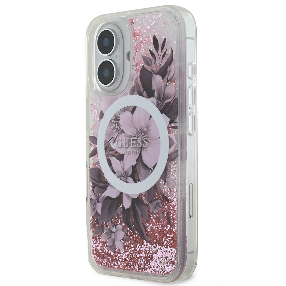 Apple iPhone 16 Plus Case Guess Original Licensed M-safe Charging Feature Liquid Glitter Flower Patterned Cover Beige