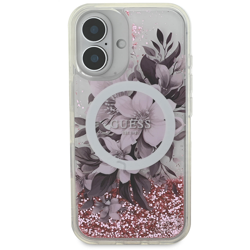 Apple iPhone 16 Plus Case Guess Original Licensed M-safe Charging Feature Liquid Glitter Flower Patterned Cover Purple