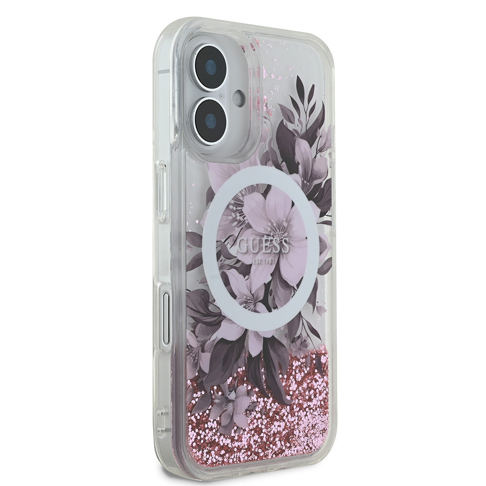 Apple iPhone 16 Plus Case Guess Original Licensed M-safe Charging Feature Liquid Glitter Flower Patterned Cover Purple