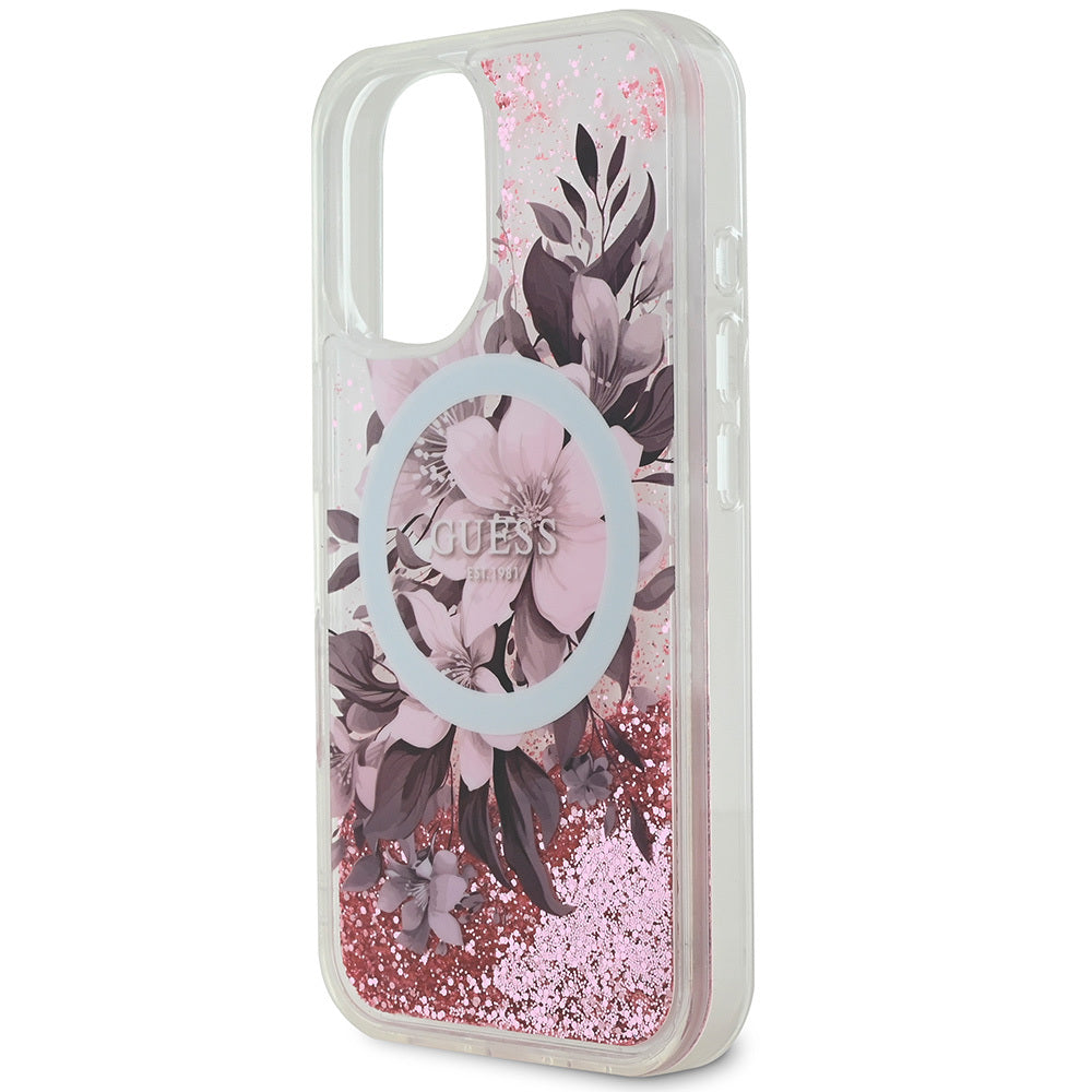 Apple iPhone 16 Plus Case Guess Original Licensed M-safe Charging Feature Liquid Glitter Flower Patterned Cover Beige