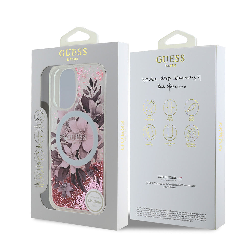 Apple iPhone 16 Plus Case Guess Original Licensed M-safe Charging Feature Liquid Glitter Flower Patterned Cover Beige