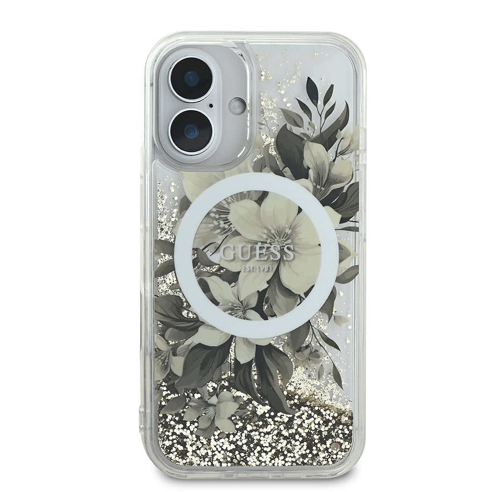 Apple iPhone 16 Plus Case Guess Original Licensed M-safe Charging Feature Liquid Glitter Flower Patterned Cover Beige