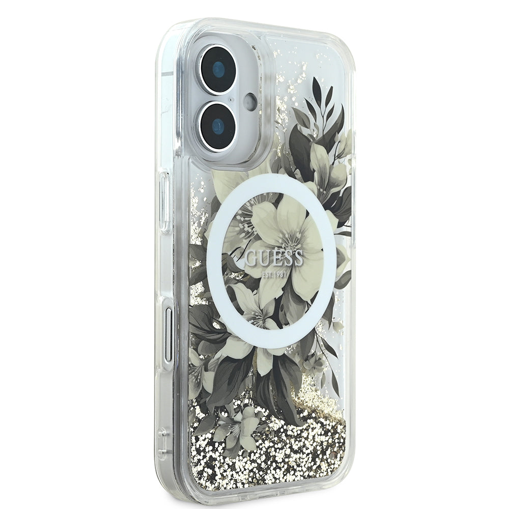 Apple iPhone 16 Plus Case Guess Original Licensed M-safe Charging Feature Liquid Glitter Flower Patterned Cover Purple