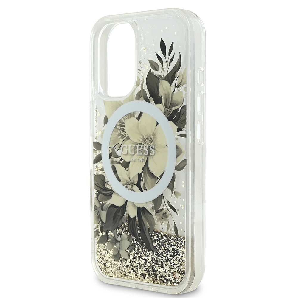 Apple iPhone 16 Plus Case Guess Original Licensed M-safe Charging Feature Liquid Glitter Flower Patterned Cover Purple