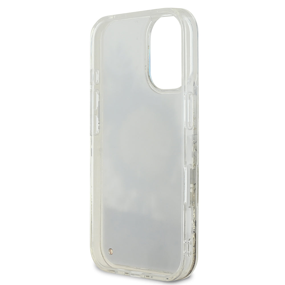 Apple iPhone 16 Plus Case Guess Original Licensed M-safe Charging Feature Liquid Glitter Flower Patterned Cover Beige