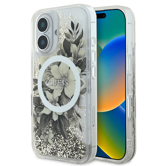 Apple iPhone 16 Plus Case Guess Original Licensed M-safe Charging Feature Liquid Glitter Flower Patterned Cover Beige