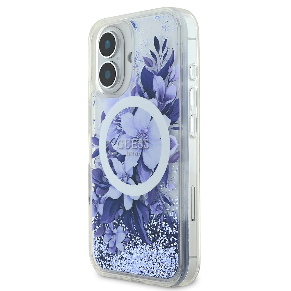 Apple iPhone 16 Plus Case Guess Original Licensed M-safe Charging Feature Liquid Glitter Flower Patterned Cover Purple