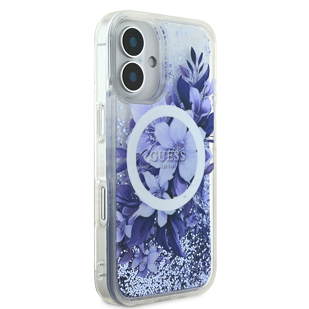 Apple iPhone 16 Plus Case Guess Original Licensed M-safe Charging Feature Liquid Glitter Flower Patterned Cover Beige