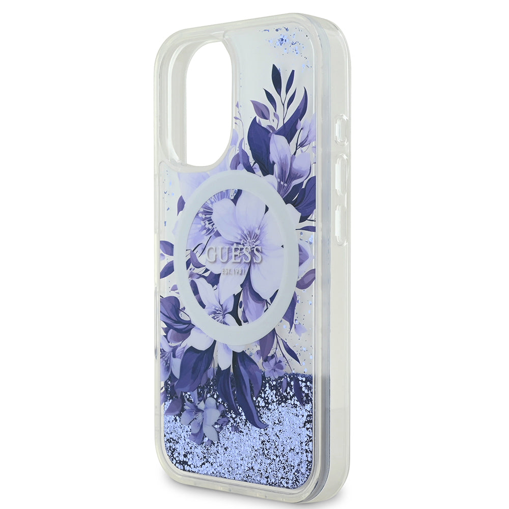 Apple iPhone 16 Plus Case Guess Original Licensed M-safe Charging Feature Liquid Glitter Flower Patterned Cover Beige