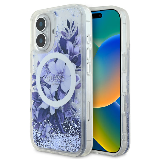 Apple iPhone 16 Plus Case Guess Original Licensed M-safe Charging Feature Liquid Glitter Flower Patterned Cover Purple