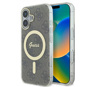 Apple iPhone 16 Plus Case Guess Original Licensed M-safe Charging Feature 4G Patterned Cover with Text Logo Black