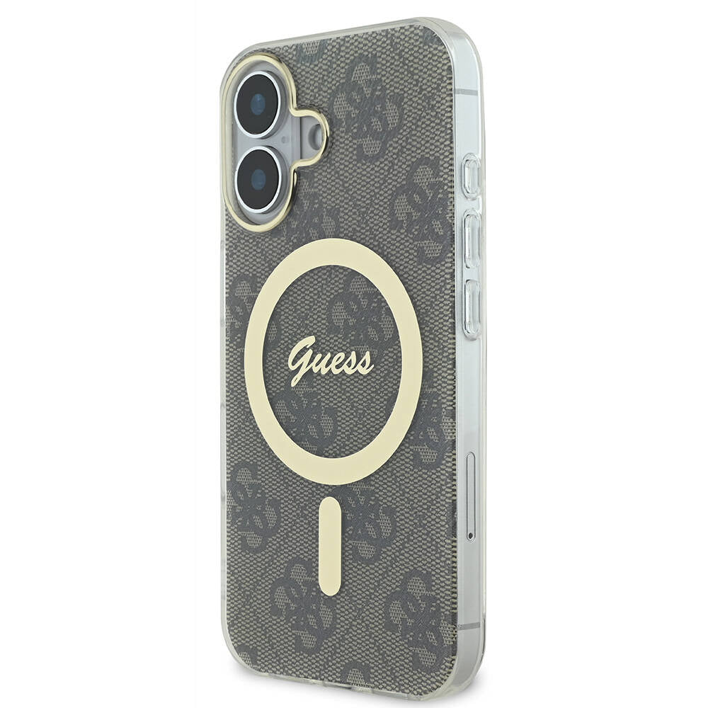 Apple iPhone 16 Plus Case Guess Original Licensed M-safe Charging Feature 4G Patterned Cover with Text Logo Black