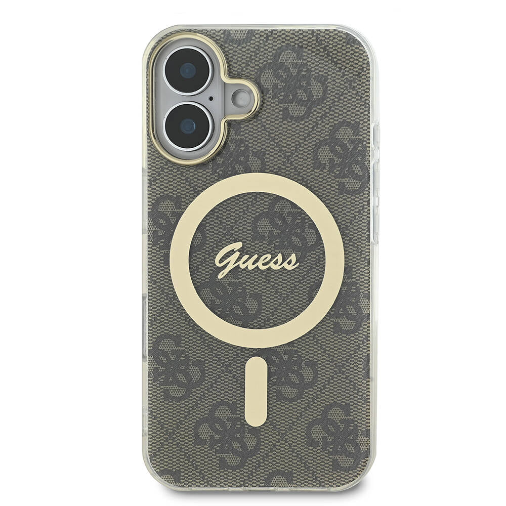 Apple iPhone 16 Plus Case Guess Original Licensed M-safe Charging Feature 4G Patterned Cover with Text Logo Black
