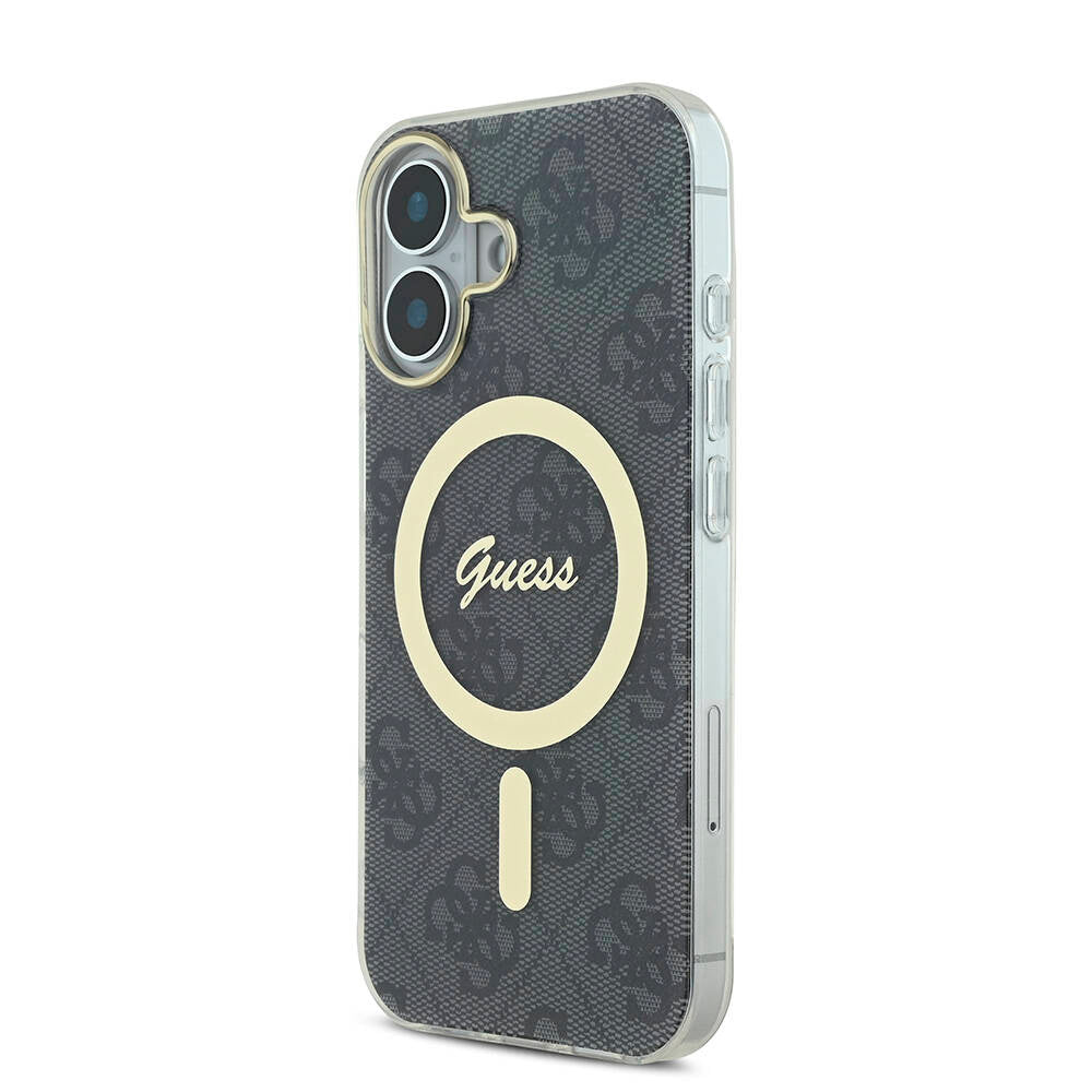 Apple iPhone 16 Plus Case Guess Original Licensed M-safe Charging Feature 4G Patterned Cover with Text Logo Black