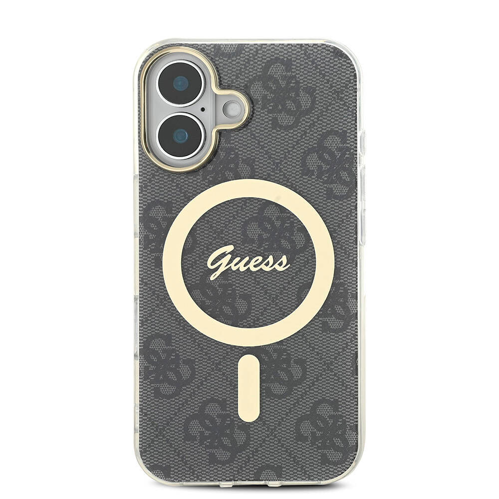 Apple iPhone 16 Plus Case Guess Original Licensed M-safe Charging Feature 4G Patterned Cover with Text Logo Black