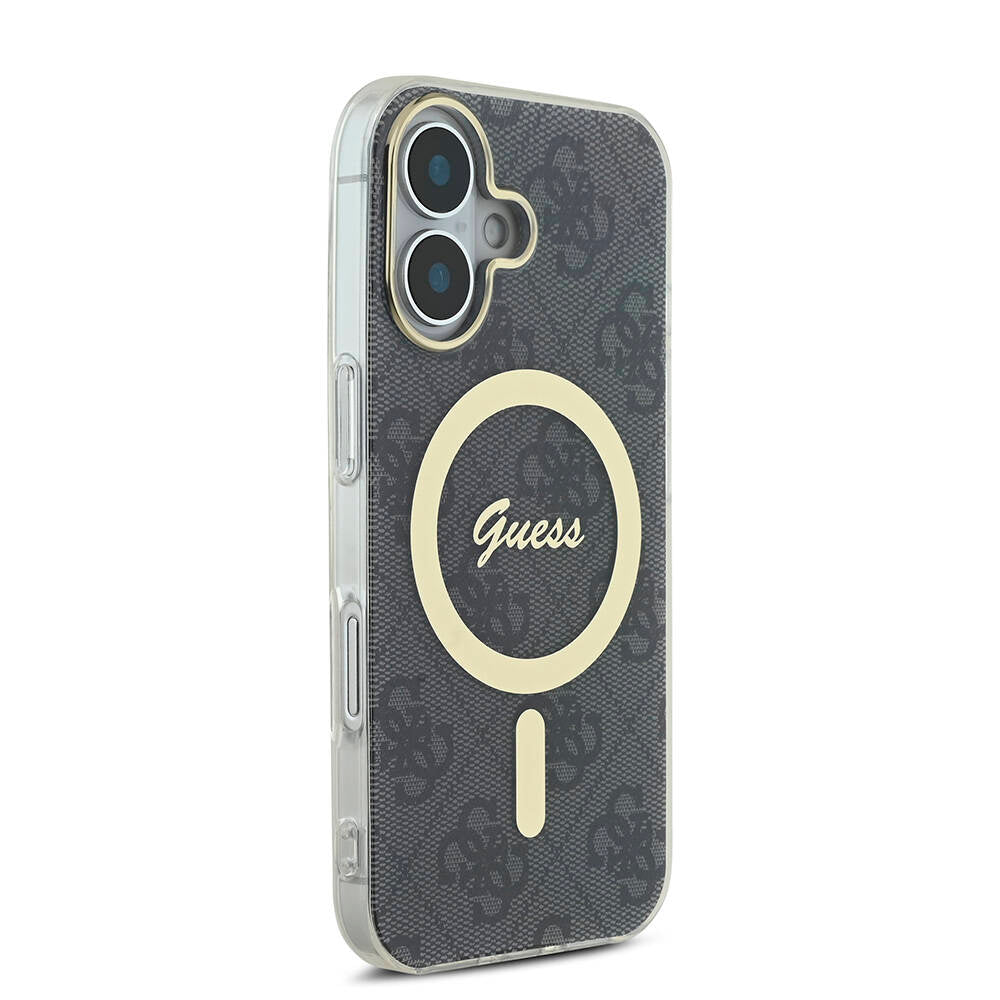 Apple iPhone 16 Plus Case Guess Original Licensed M-safe Charging Feature 4G Patterned Cover with Text Logo Black