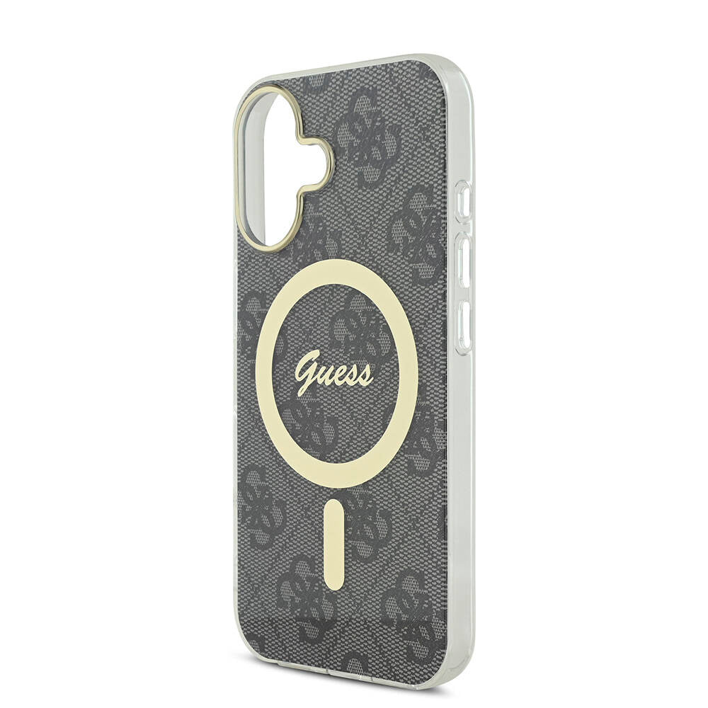 Apple iPhone 16 Plus Case Guess Original Licensed M-safe Charging Feature 4G Patterned Cover with Text Logo Black