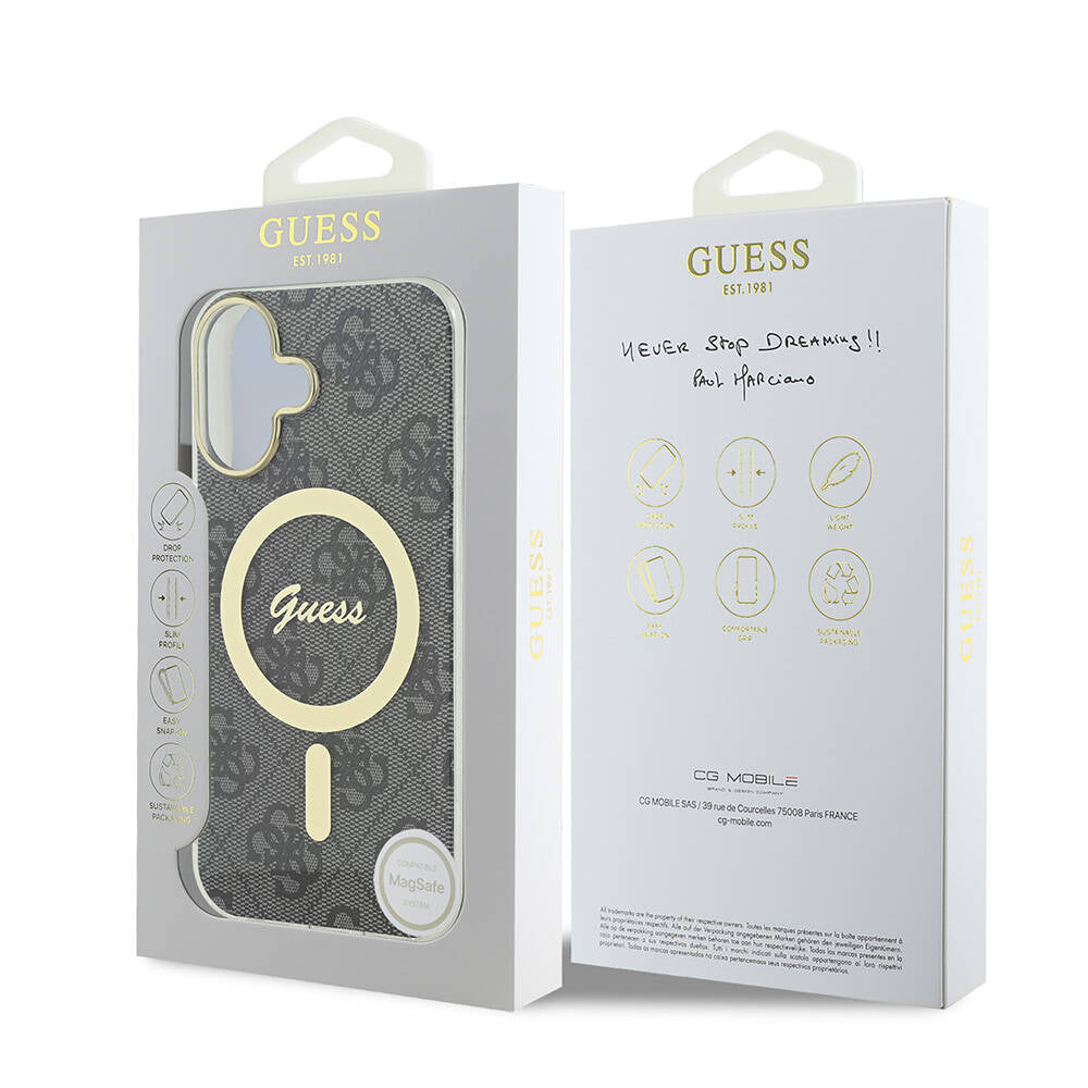 Apple iPhone 16 Plus Case Guess Original Licensed M-safe Charging Feature 4G Patterned Cover with Text Logo Black