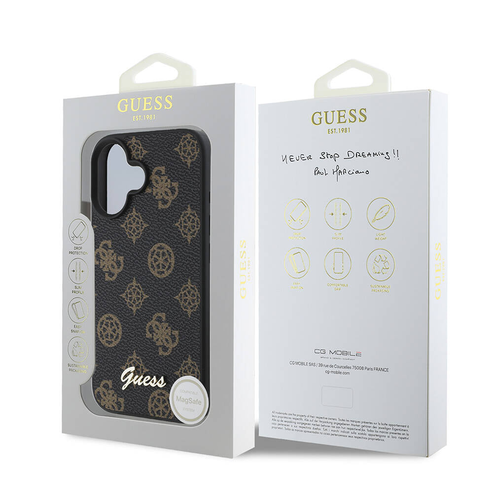 Apple iPhone 16 Plus Case Guess Original Licensed M-safe Charging Featured Peony Cover Black with Text Logo