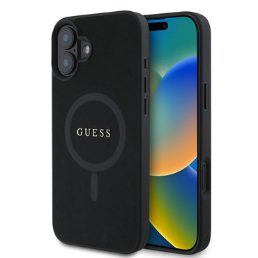 Apple iPhone 16 Plus Case Guess Original Licensed M-safe Charging Feature Saffiano Classic Cover Black with Text Logo