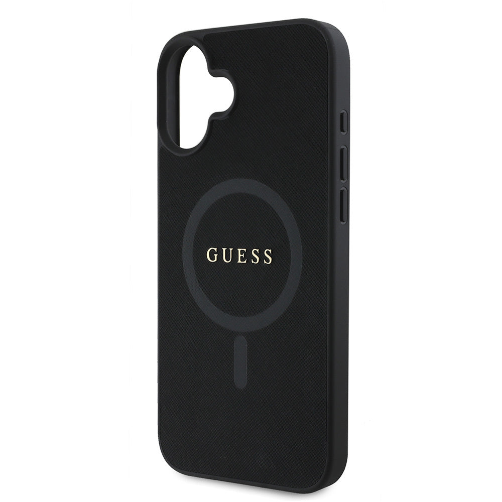 Apple iPhone 16 Plus Case Guess Original Licensed M-safe Charging Feature Saffiano Classic Cover Black with Text Logo