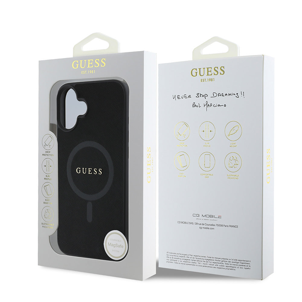 Apple iPhone 16 Plus Case Guess Original Licensed M-safe Charging Feature Saffiano Classic Cover Black with Text Logo