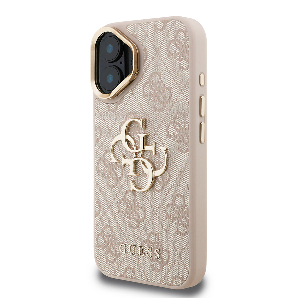 Apple iPhone 16 Plus Kılıf Guess Orjinal Lisanslı PU Deri 4G Desenli Metal Büyük 4G ve Yazı Logolu Kamera Standlı Kapak Pembe