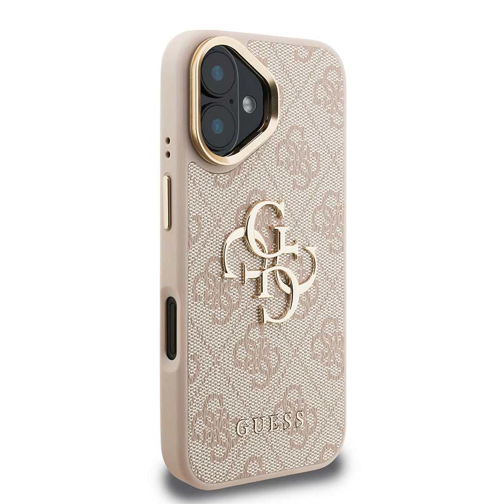 Apple iPhone 16 Plus Kılıf Guess Orjinal Lisanslı PU Deri 4G Desenli Metal Büyük 4G ve Yazı Logolu Kamera Standlı Kapak Pembe