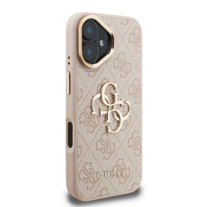 Apple iPhone 16 Plus Kılıf Guess Orjinal Lisanslı PU Deri 4G Desenli Metal Büyük 4G ve Yazı Logolu Kamera Standlı Kapak Pembe