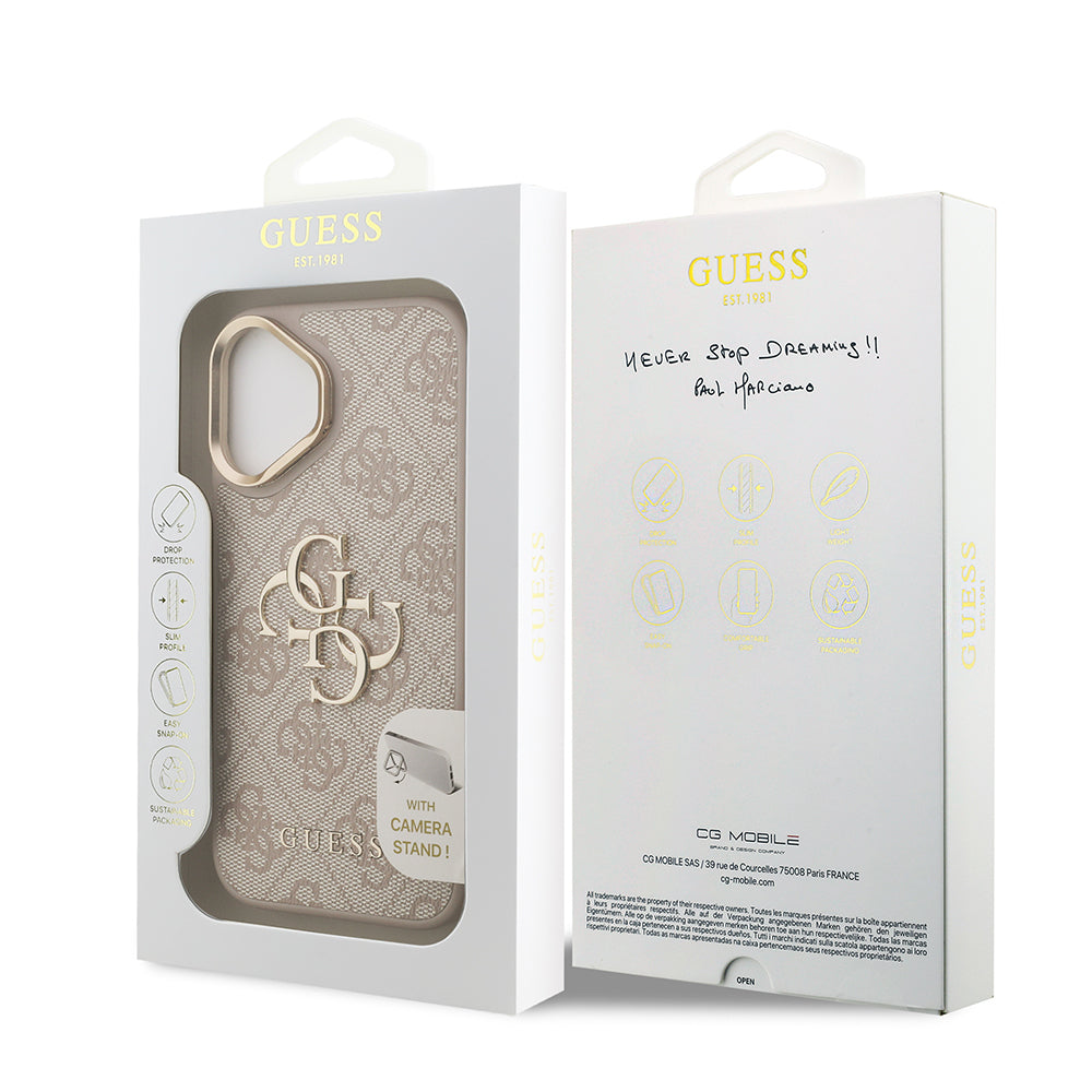 Apple iPhone 16 Plus Kılıf Guess Orjinal Lisanslı PU Deri 4G Desenli Metal Büyük 4G ve Yazı Logolu Kamera Standlı Kapak Pembe