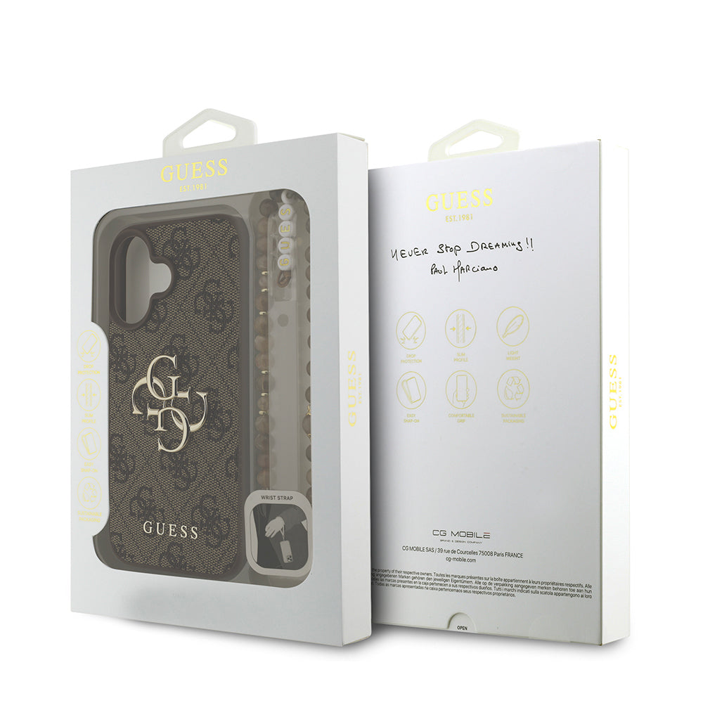 Apple iPhone 16 Plus Kılıf Guess Orjinal Lisanslı PU Deri Bilek Askı İpli Metal Büyük 4G ve Yazı Logolu Kapak Pembe