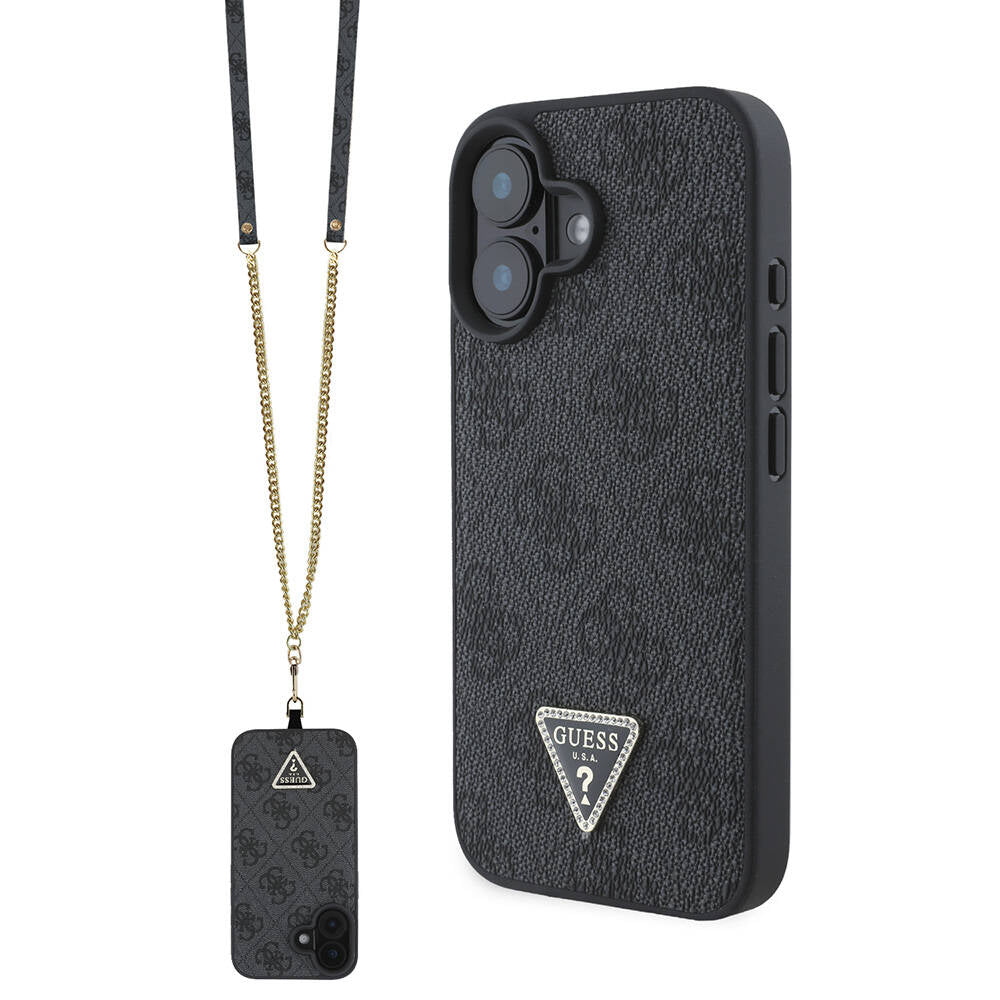Apple iPhone 16 Plus Case Guess Original Licensed PU Leather Stone Metal Triangle Logo Crossbody Strap 4G Patterned Cover Black