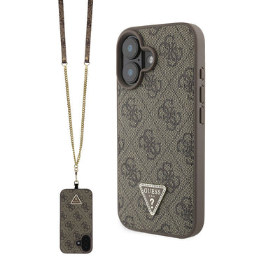 Apple iPhone 16 Plus Case Guess Original Licensed PU Leather Stone Metal Triangle Logo Crossbody Strap 4G Patterned Cover Pink