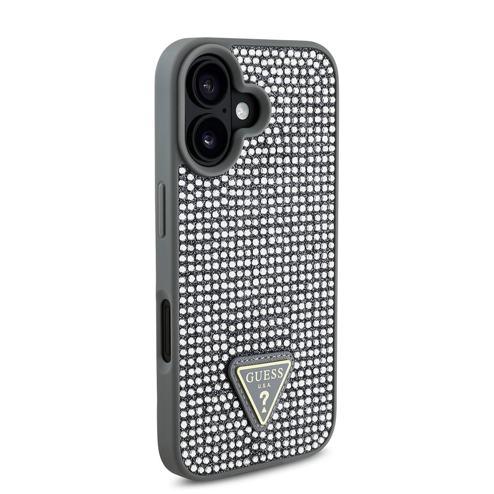Apple iPhone 16 Plus Case Guess Original Licensed Stone Back Surface Triangle Logo Cover Silver