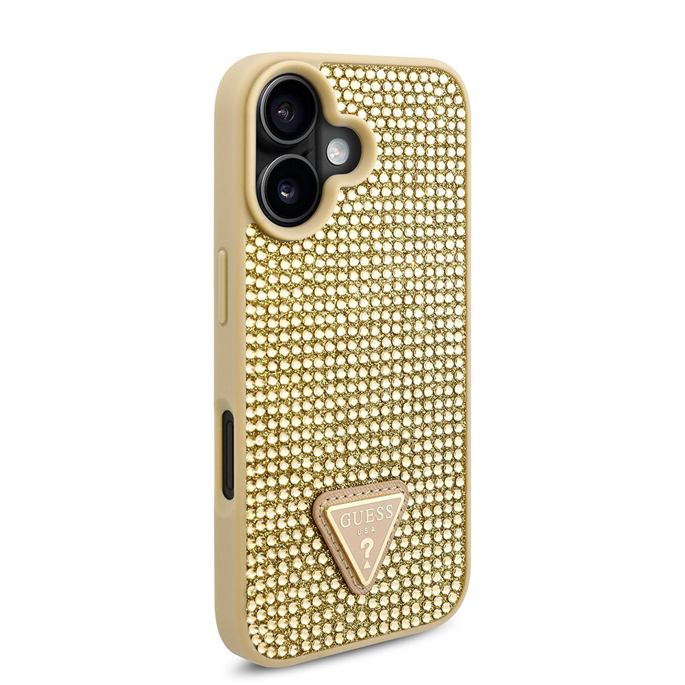 Apple iPhone 16 Plus Case Guess Original Licensed Stone Back Surface Triangle Logo Cover Gold
