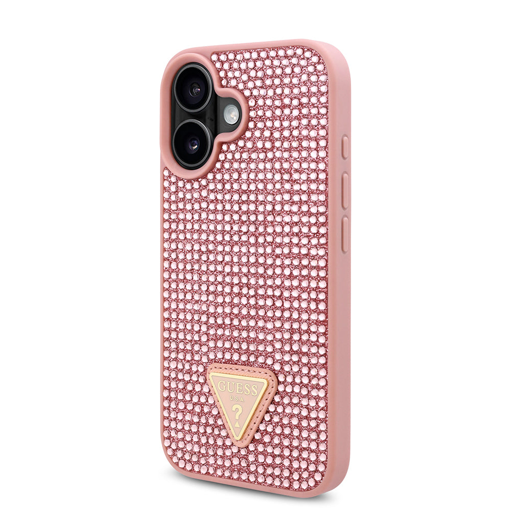 Apple iPhone 16 Plus Case Guess Original Licensed Stone Back Surface Triangle Logo Cover Pink