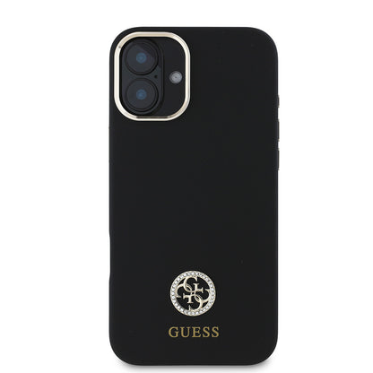 Apple iPhone 16 Plus Kılıf Guess Orjinal Lisanslı Yazı ve Taşlı 4G Logolu Metal Kamera Çerçeveli Silikon Kapak Siyah