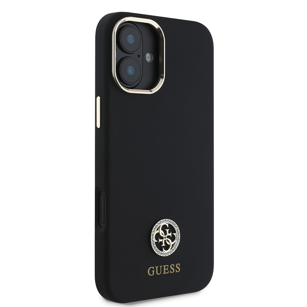 Apple iPhone 16 Plus Kılıf Guess Orjinal Lisanslı Yazı ve Taşlı 4G Logolu Metal Kamera Çerçeveli Silikon Kapak Siyah