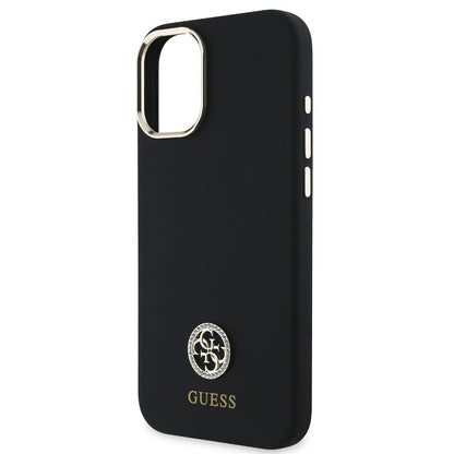 Apple iPhone 16 Plus Kılıf Guess Orjinal Lisanslı Yazı ve Taşlı 4G Logolu Metal Kamera Çerçeveli Silikon Kapak Siyah