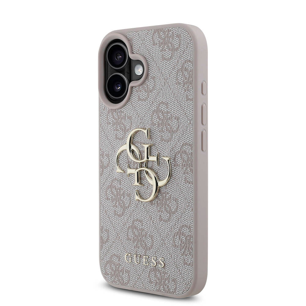 Apple iPhone 16 Plus Case Guess Original Licensed PU Leather 4G Patterned Metal Large 4G and Text Logo Cover Pink