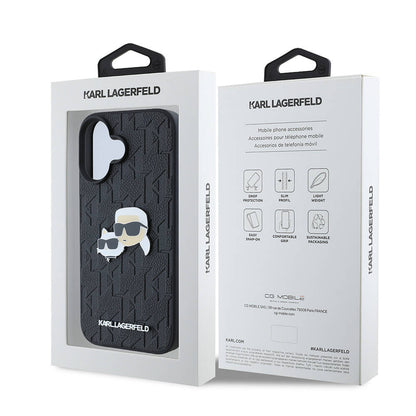 Apple iPhone 16 Plus Kılıf Karl Lagerfeld Orjinal Lisanslı K&C Heads Monogram Pin Kapak Siyah