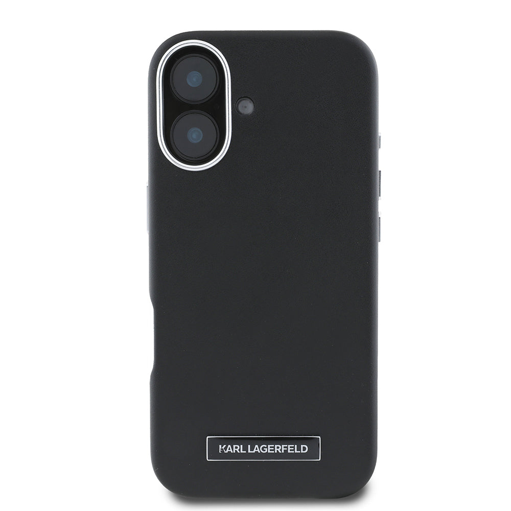 Apple iPhone 16 Plus Kılıf Karl Lagerfeld Orjinal Lisanslı M-safe Şarj Özellikli Metal Kamera ve Buton Tasarımlı Plaka Logolu PU Deri Kapak Siyah