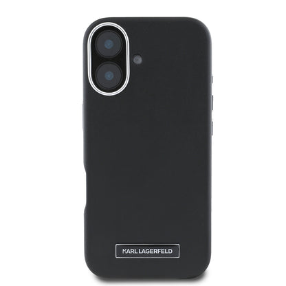 Apple iPhone 16 Plus Kılıf Karl Lagerfeld Orjinal Lisanslı M-safe Şarj Özellikli Metal Kamera ve Buton Tasarımlı Plaka Logolu PU Deri Kapak Siyah