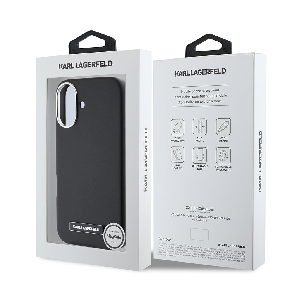 Apple iPhone 16 Plus Kılıf Karl Lagerfeld Orjinal Lisanslı M-safe Şarj Özellikli Metal Kamera ve Buton Tasarımlı Plaka Logolu PU Deri Kapak Siyah