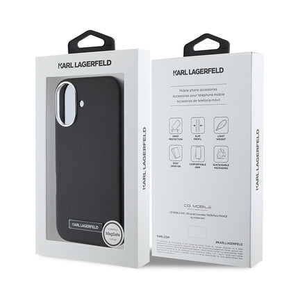Apple iPhone 16 Plus Kılıf Karl Lagerfeld Orjinal Lisanslı M-safe Şarj Özellikli Metal Kamera ve Buton Tasarımlı Plaka Logolu PU Deri Kapak Siyah