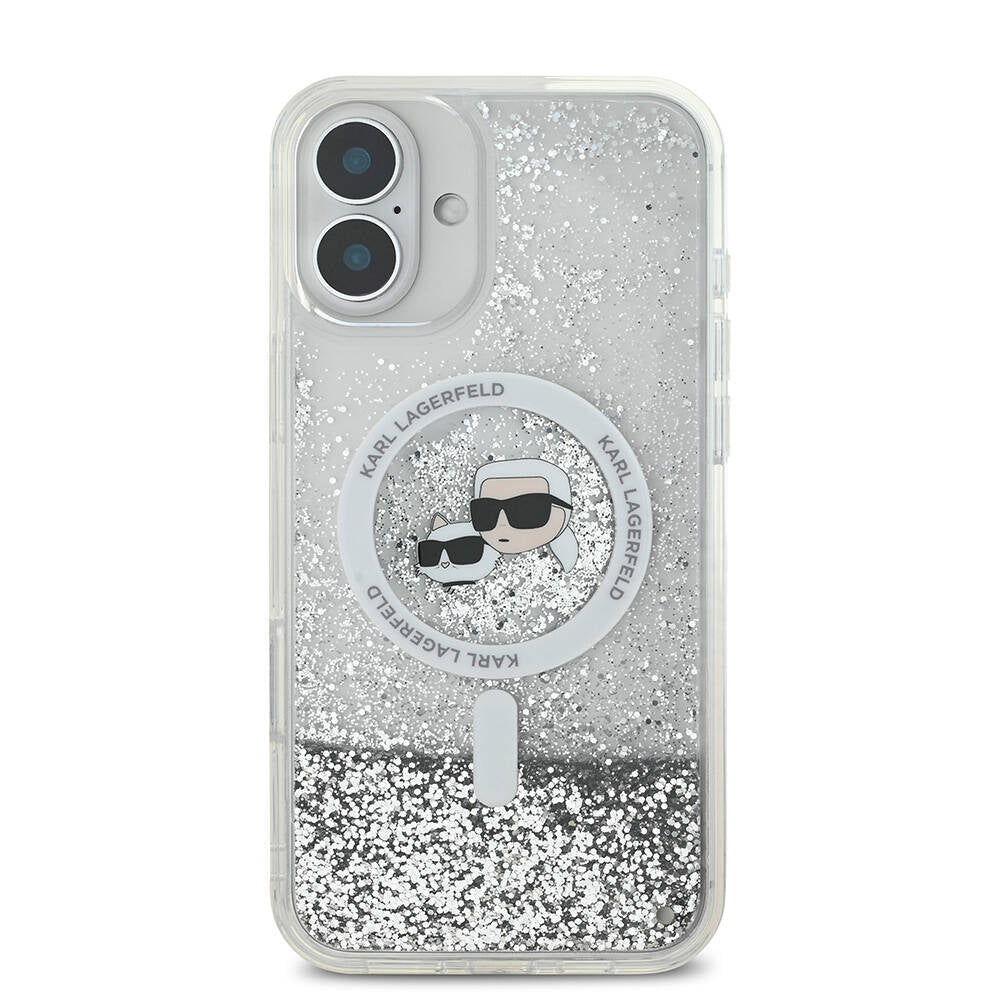 Apple iPhone 16 Plus Kılıf Karl Lagerfeld Orjinal Lisanslı M-safe Şarj Özellikli Sıvılı Simli K&C Heads Kapak Şeffaf
